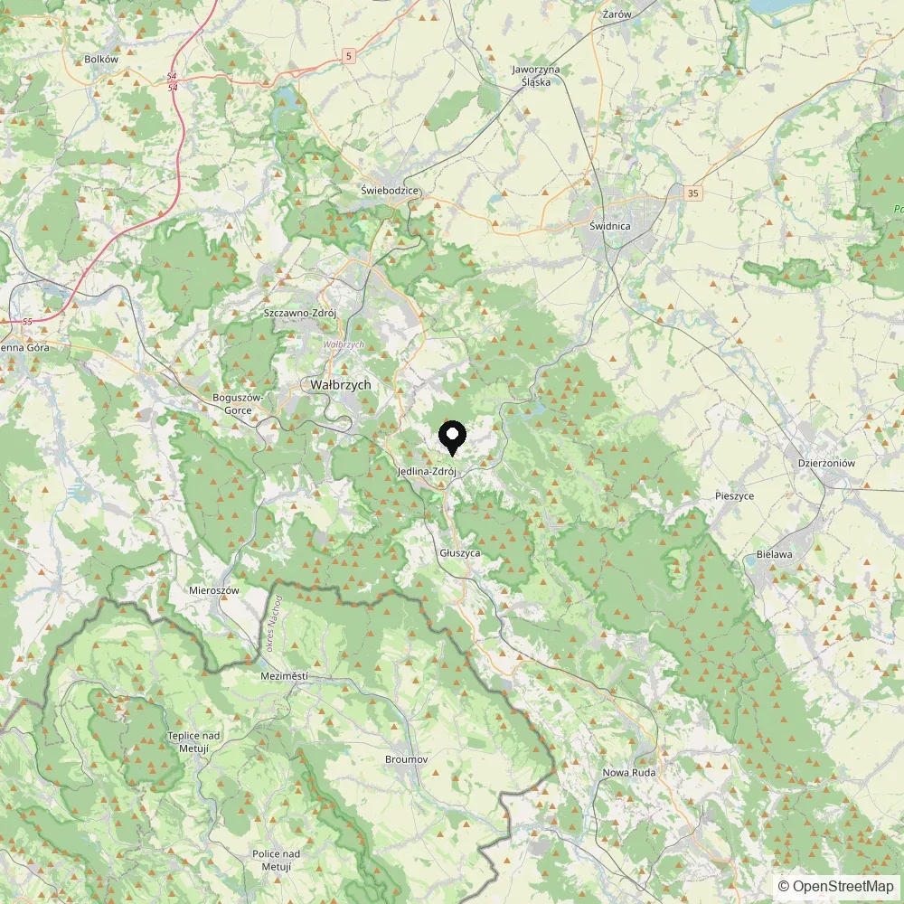 Mapa okolicy z zaznaczonym położeniem ośrodka przy ulicy Michała Drzymały w Zagórzu Śląskim