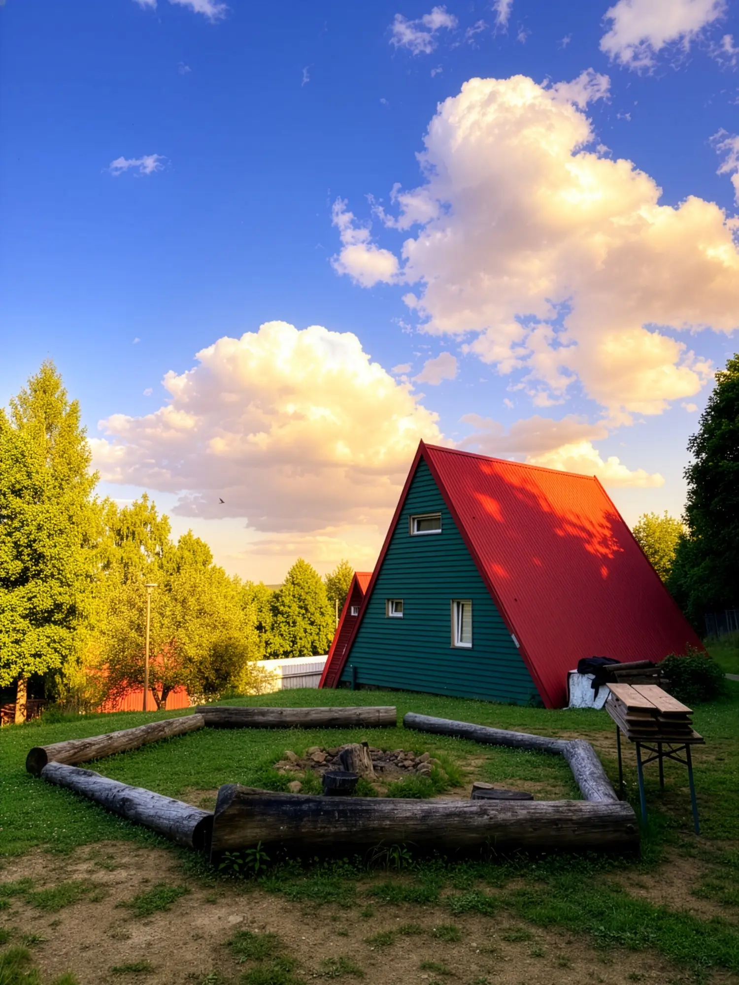 Miejsce na ognisko obłożone bierwionami, obok zielony domek - Zagórze Śląskie