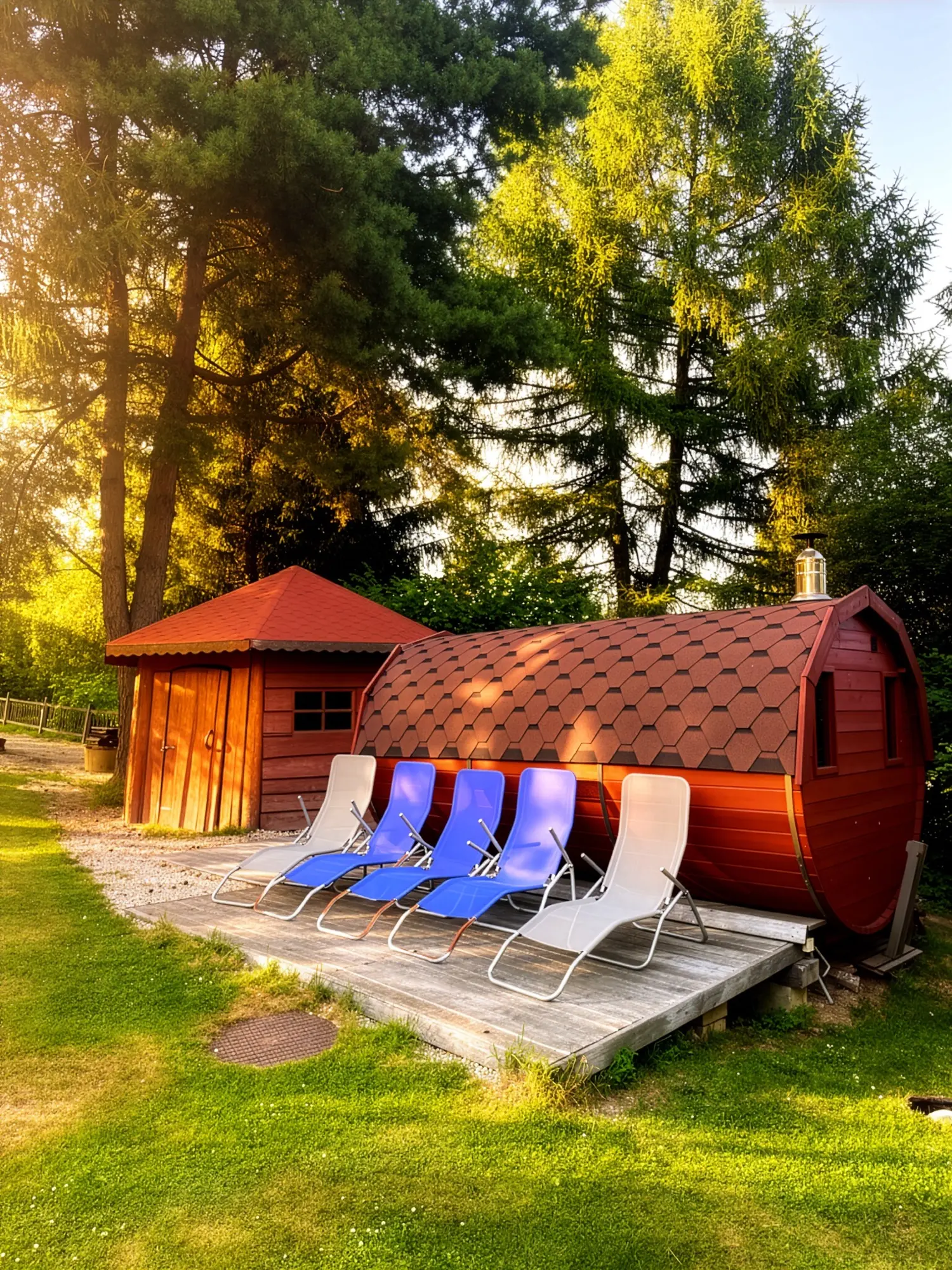 Sauna beczka z tarasem i leżakami - Kolorowe Wzgórze