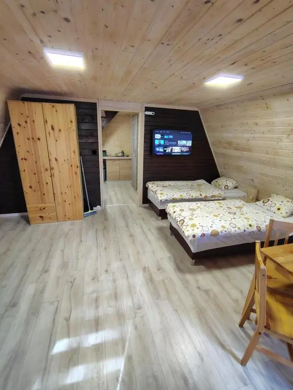 Pokój z dwoma łóżkami, stołem i telewizorem, przejście do aneksu kuchennego