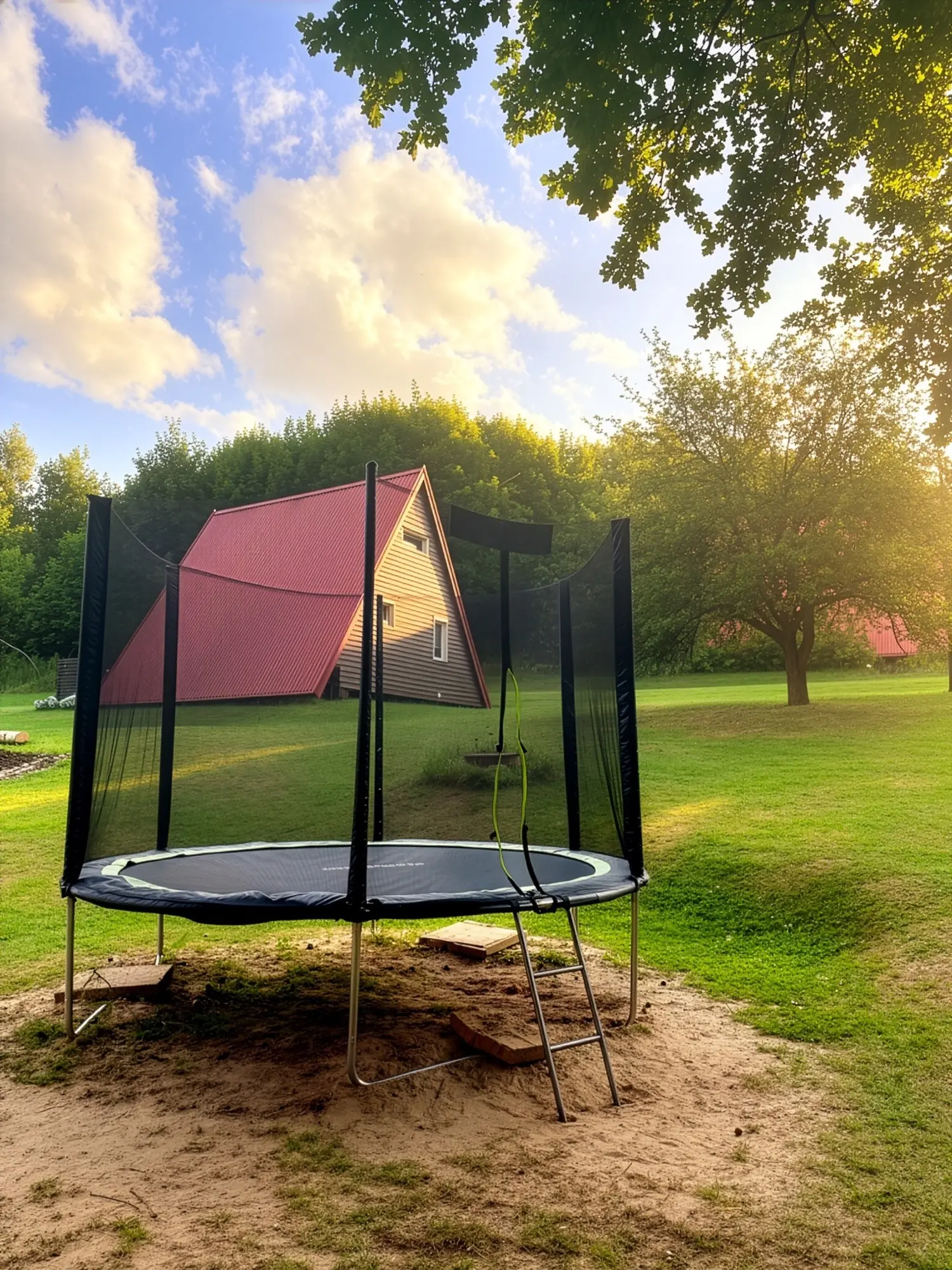 Trampolina z siatką ochronną na terenie ośrodka, w tle domek letniskowy